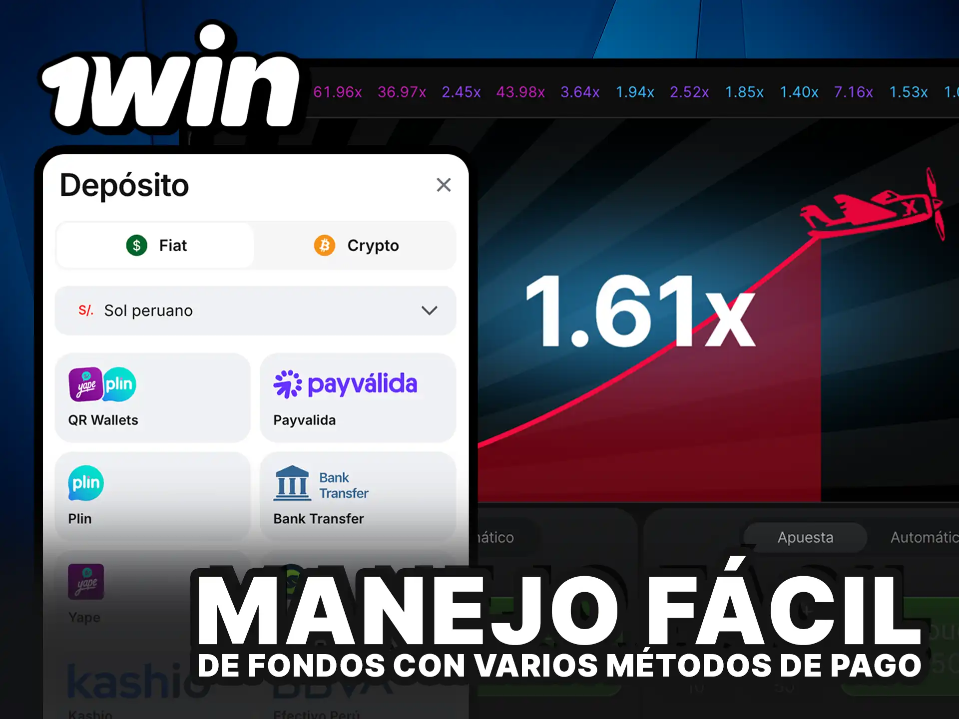 Realiza un manejo fácil de fondos con varios métodos de pago para el juego Aviator en 1Win y retira tus ganancias al instante.