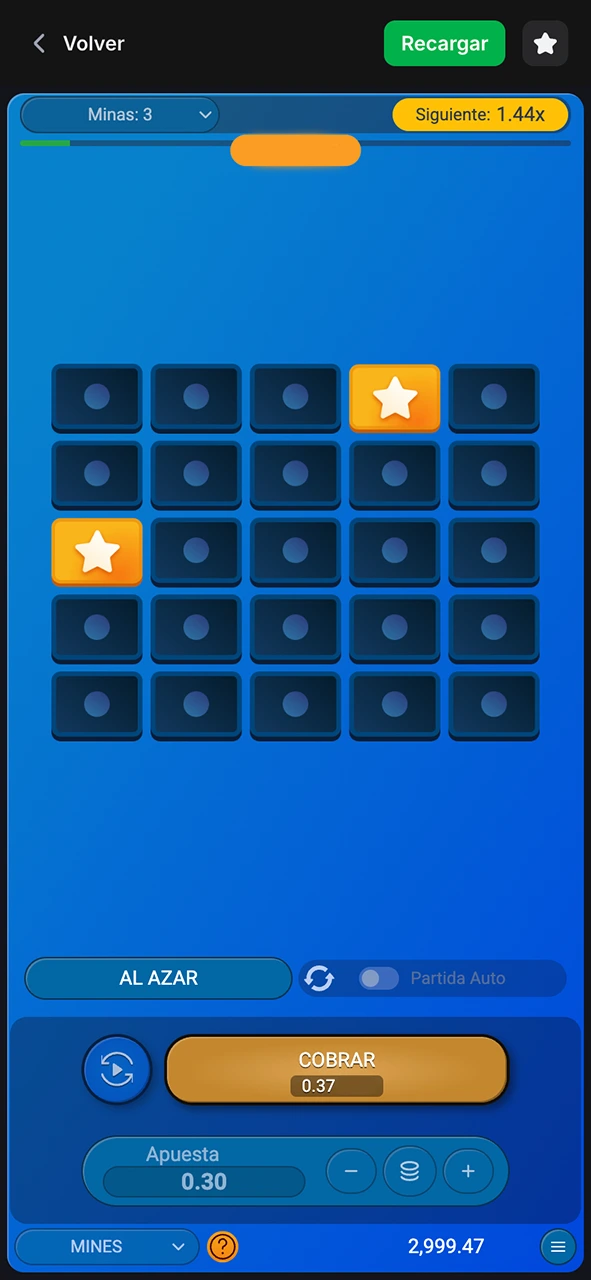 Consulta la interfaz del juego Mines apuesta y coloca tu wáger para iniciar la partida en 1win.