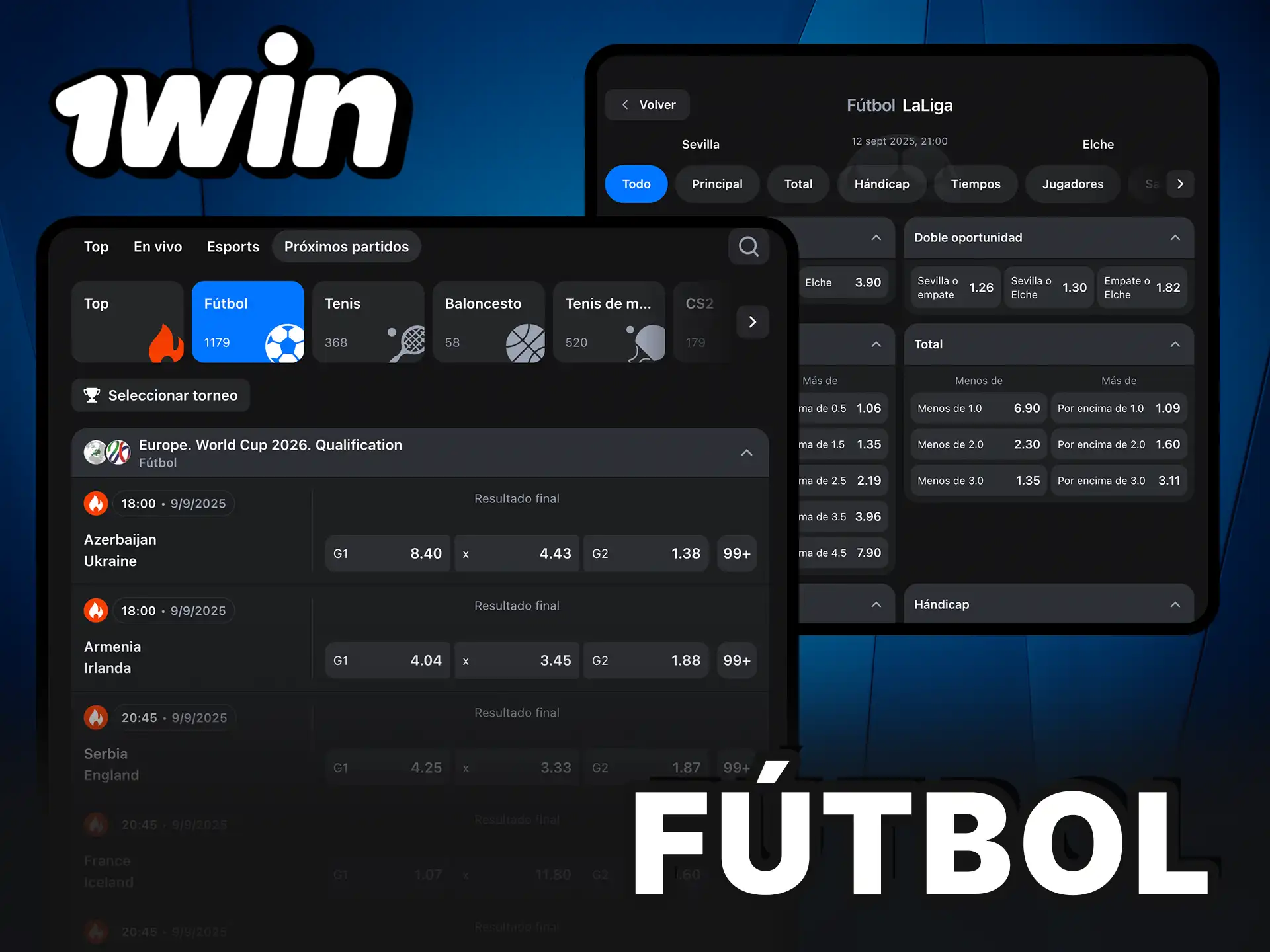 Fútbol en 1Win con mercados completos de apuestas.