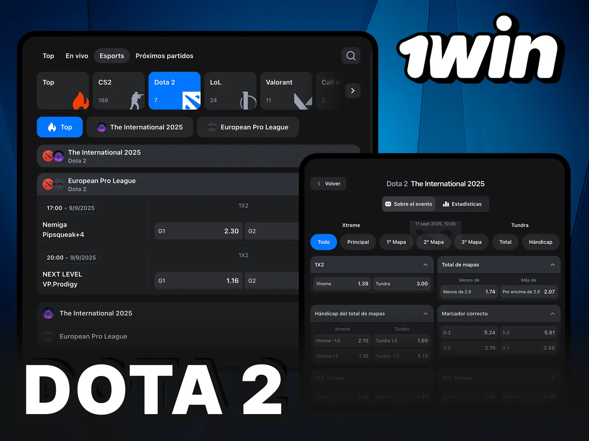 Apuestas en Dota 2 a través de 1Win Esports.