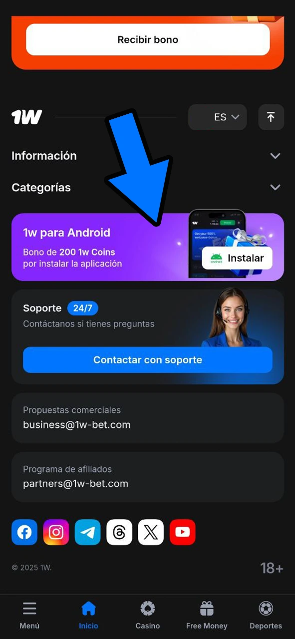 Inicia la descarga de 1Win en tu Android y empieza a apostar.