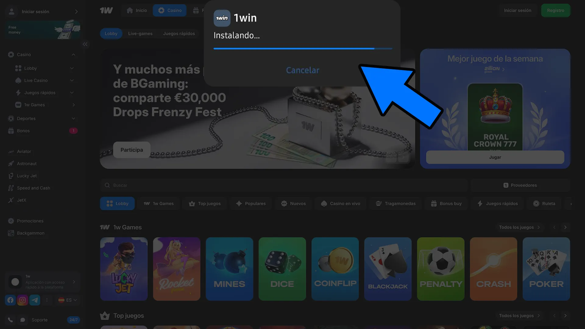 Confirma la instalación de 1Win en PC y accede al casino online.