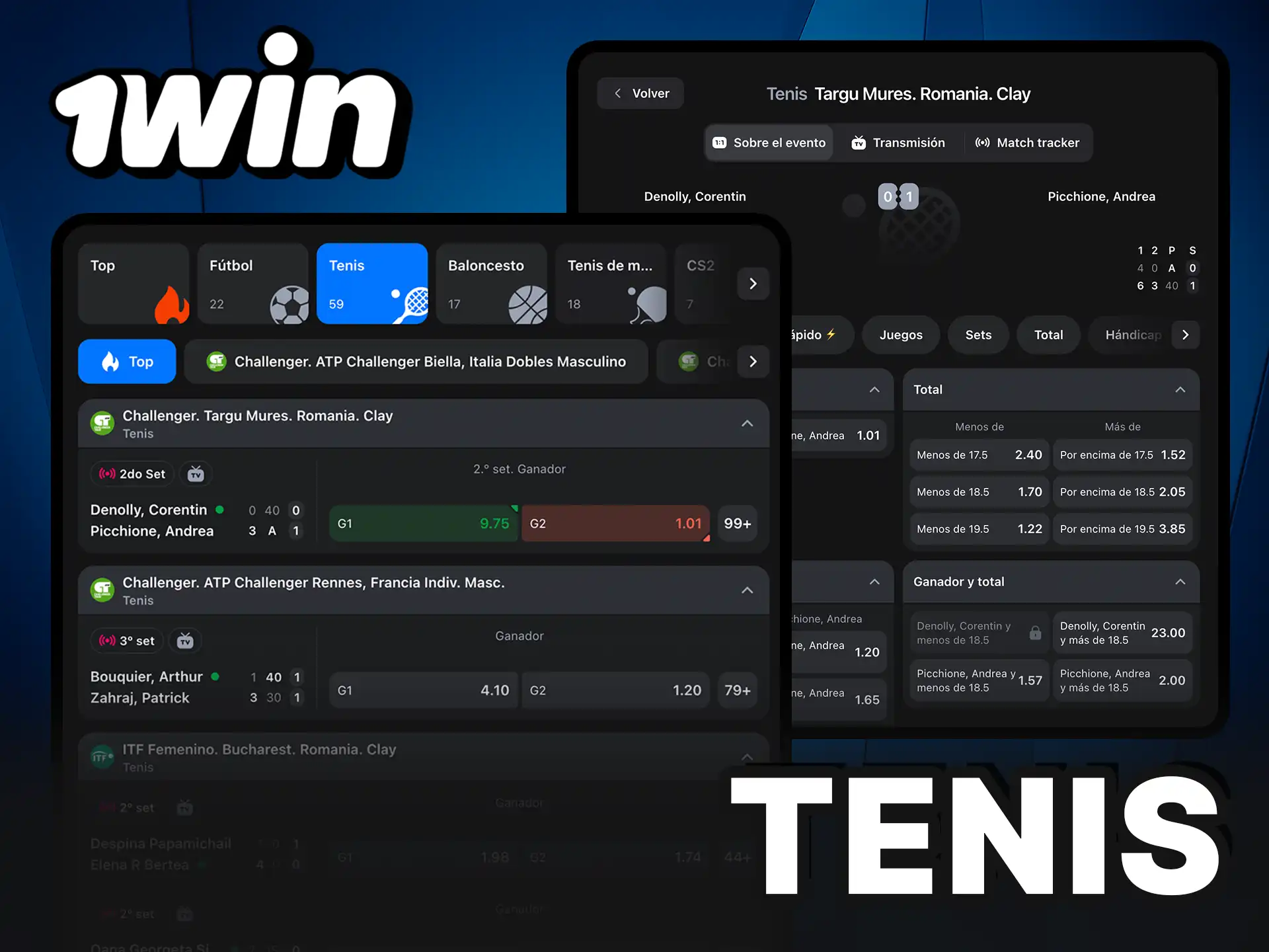 Tenis en 1Win con mercados completos.