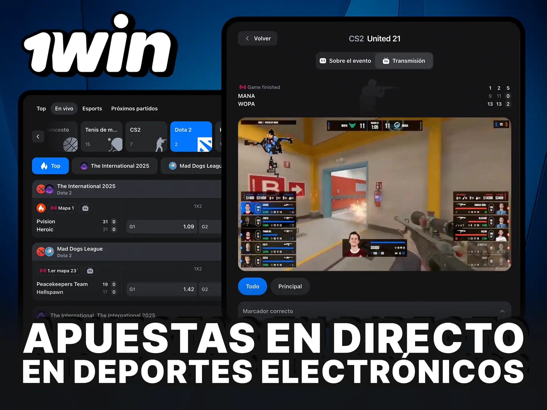1Win apuestas en directo en deportes electrónicos con grandes premios.