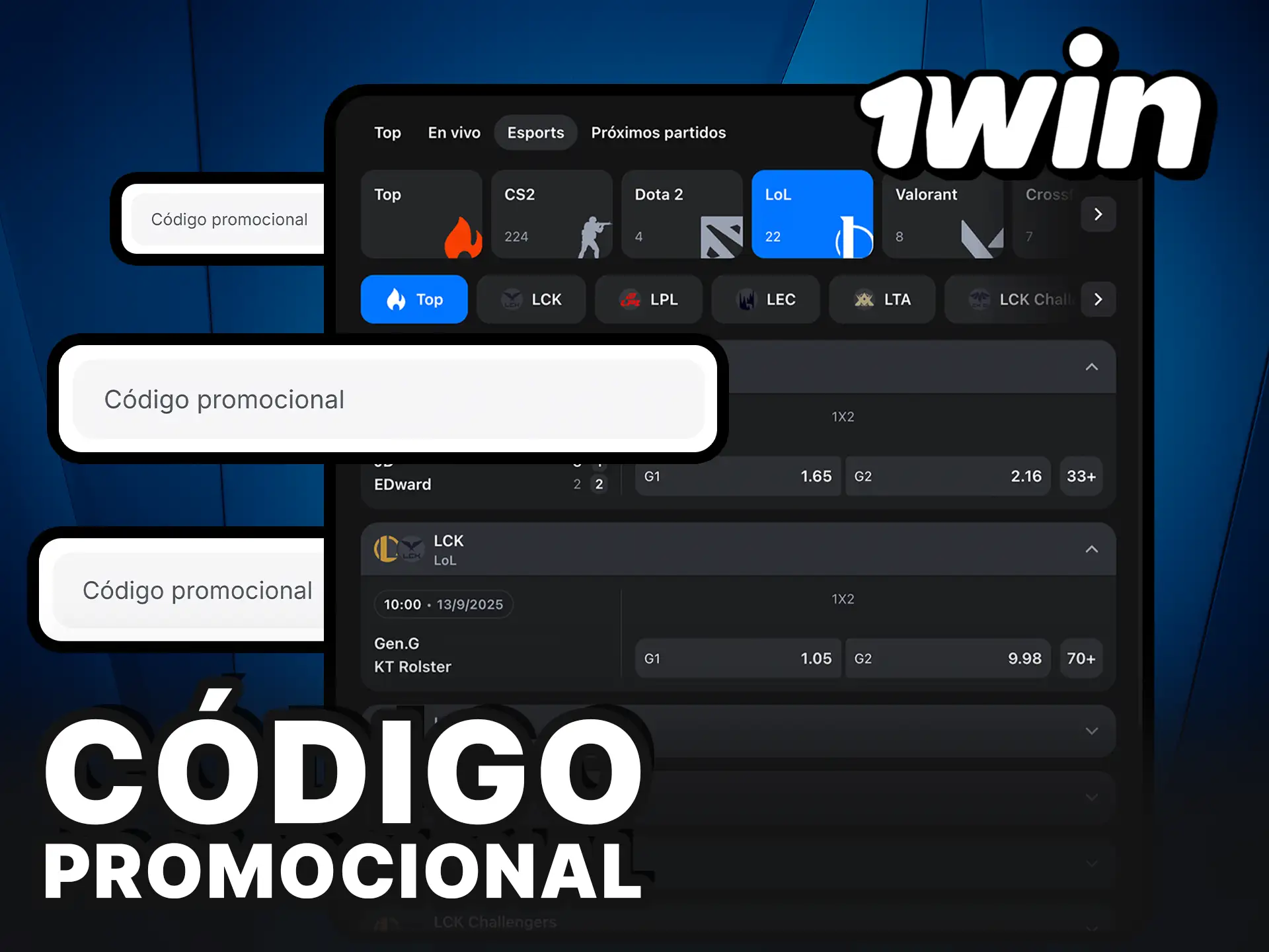 Código promocional de 1Win real para apuestas en deportes electrónicos.