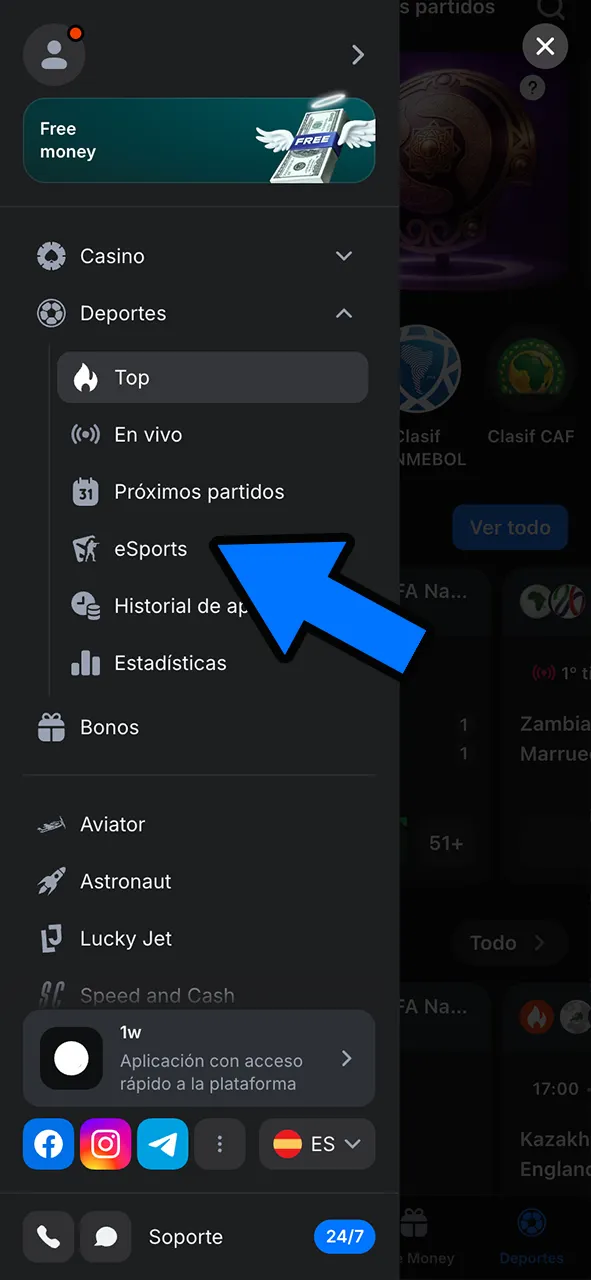 Seleccione Esports en 1Win para empezar a apostar.
