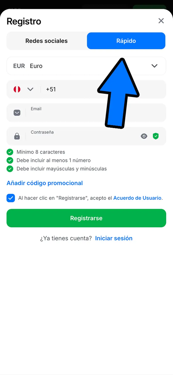 Seleccione un método de registro en 1Win para Esports.
