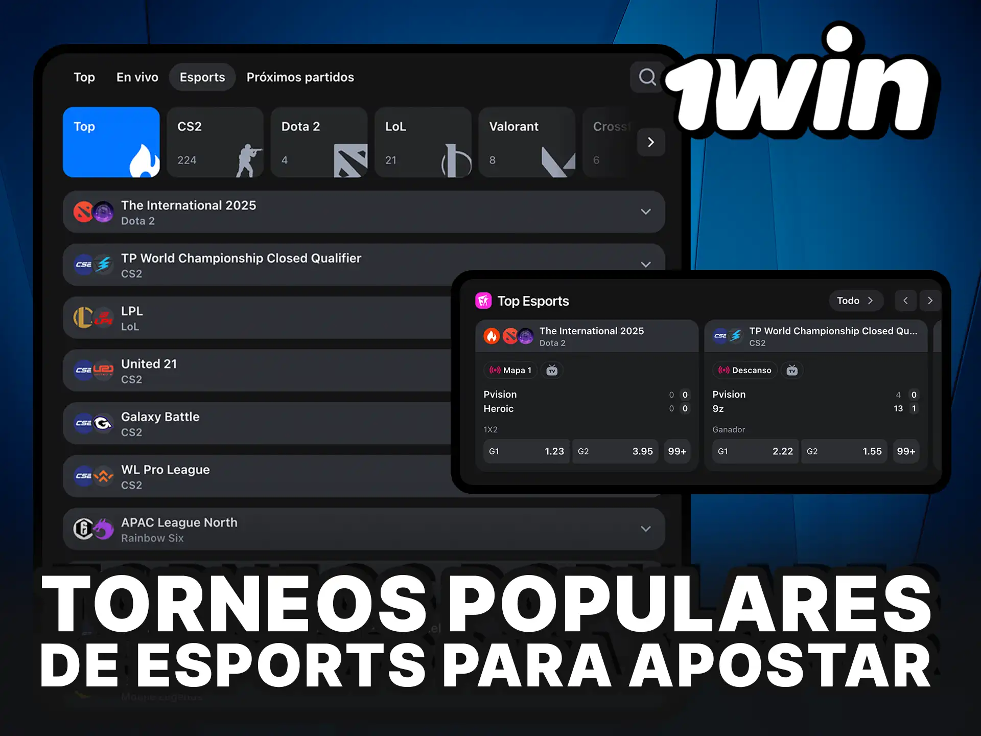 Torneos populares de Esports para apostar en 1Win.