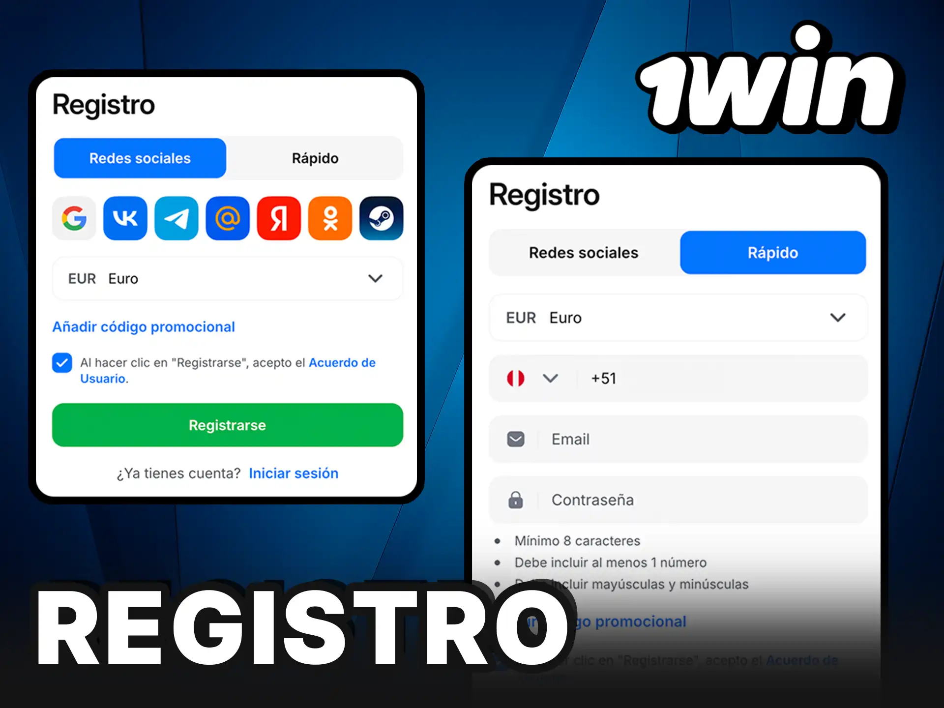 Registro rápido en 1Win para empezar a jugar.