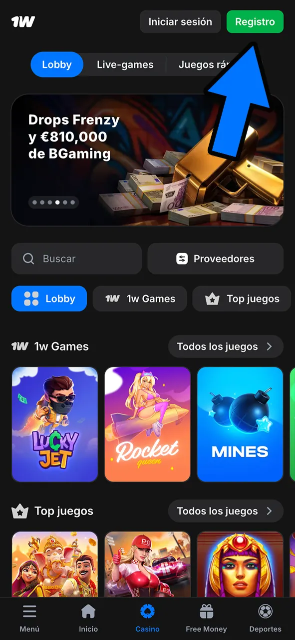 Comienza el registro en 1Win y accede al casino en línea.