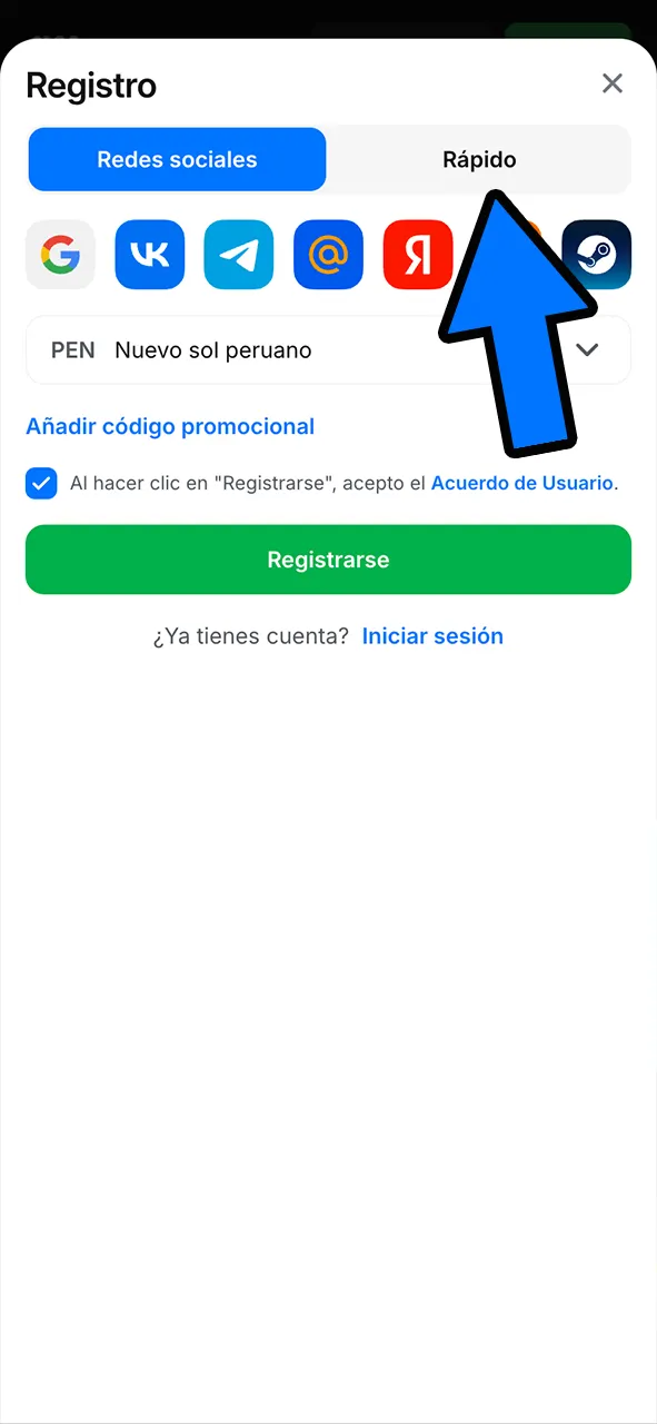 Elige tu método de registro en 1Win y únete al juego.