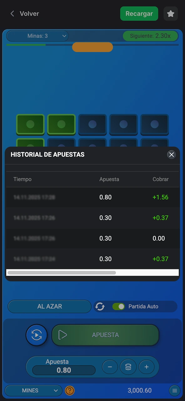 Revisa la interfaz del juego Mines apuestas historia y analiza tus estrategias en 1win.