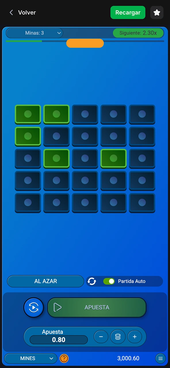 Configura la interfaz del juego Mines automática apuesta y juega sin interrupción para ganar en 1win.