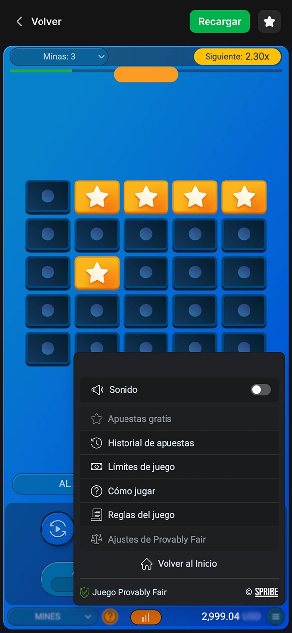 Explora la interfaz del juego Mines menu y ajusta las configuraciones de 1win fácilmente.