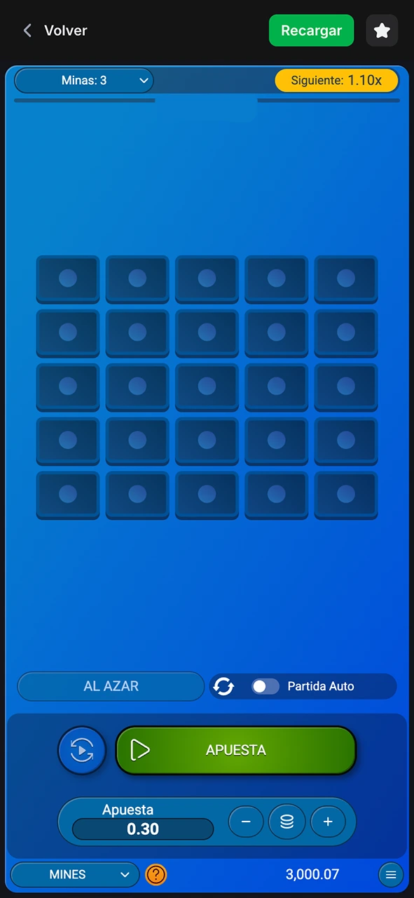 Visualiza la interfaz del juego Mines página inicio y selecciona tu nivel de riesgo en 1Win.