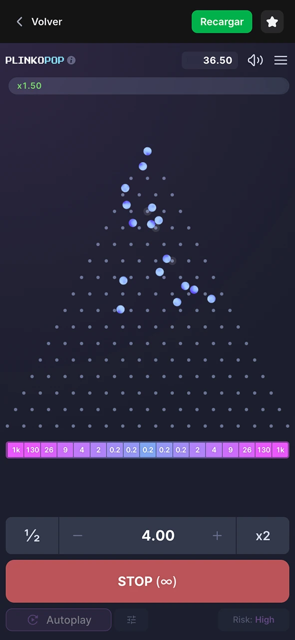 Configura la interfaz del juego Plinko automática apuesta y juega sin parar en 1Win.