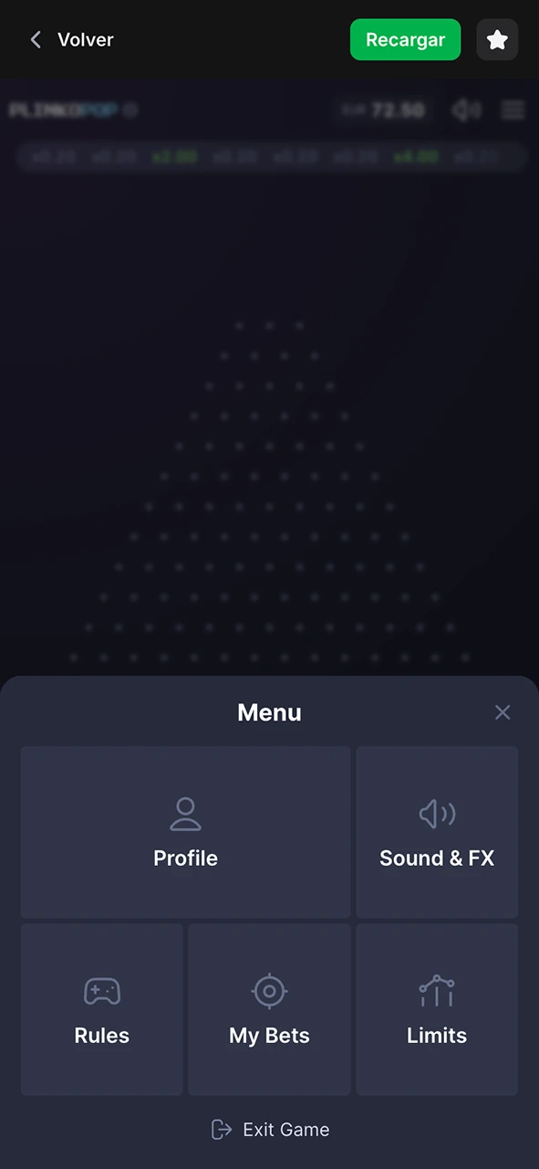 Explora la interfaz del juego Plinko menu y ajusta las configuraciones de 1Win.