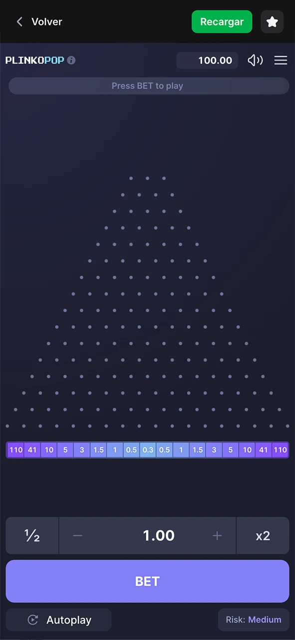 Visualiza la interfaz del juego Plinko página inicio y comienza a apostar en 1Win.